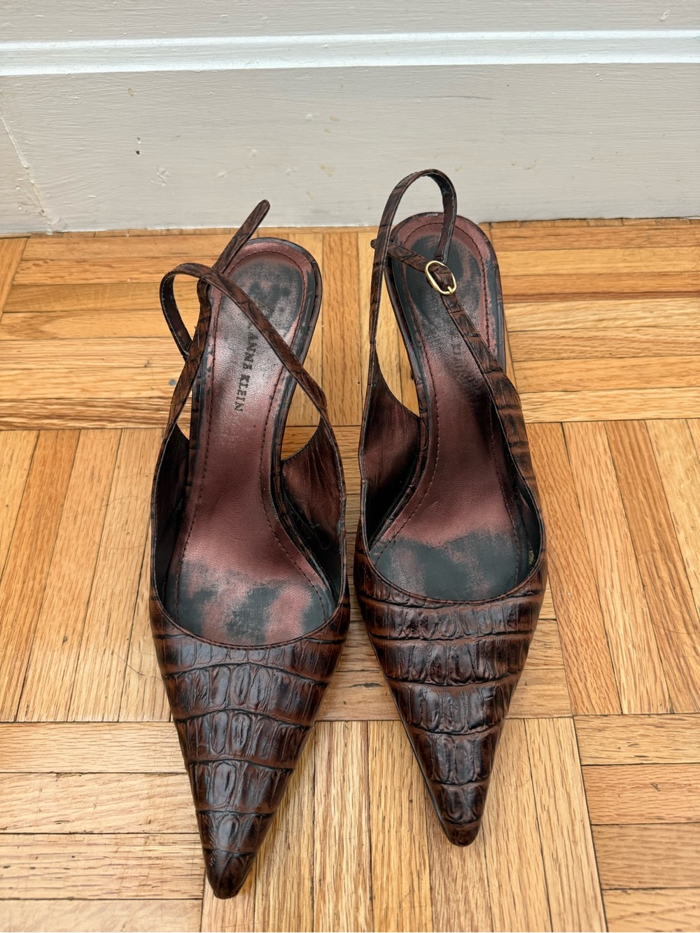 Anne Klein Brown Croc-Embossed Pointed Slingback Heels